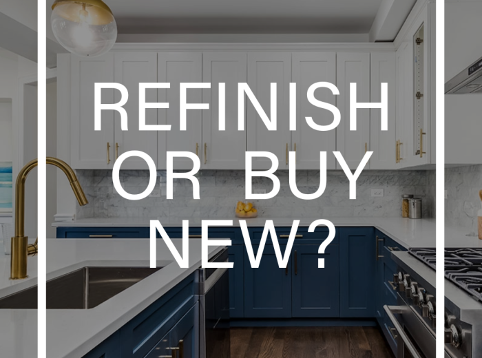 Words reading Refinish or Buy New, on top of a white and navy blue kitchen.